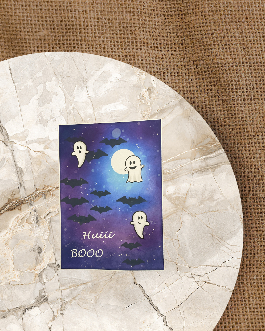 Karte mit Geistern und Fledermäuse, Text Huiiii Booo
