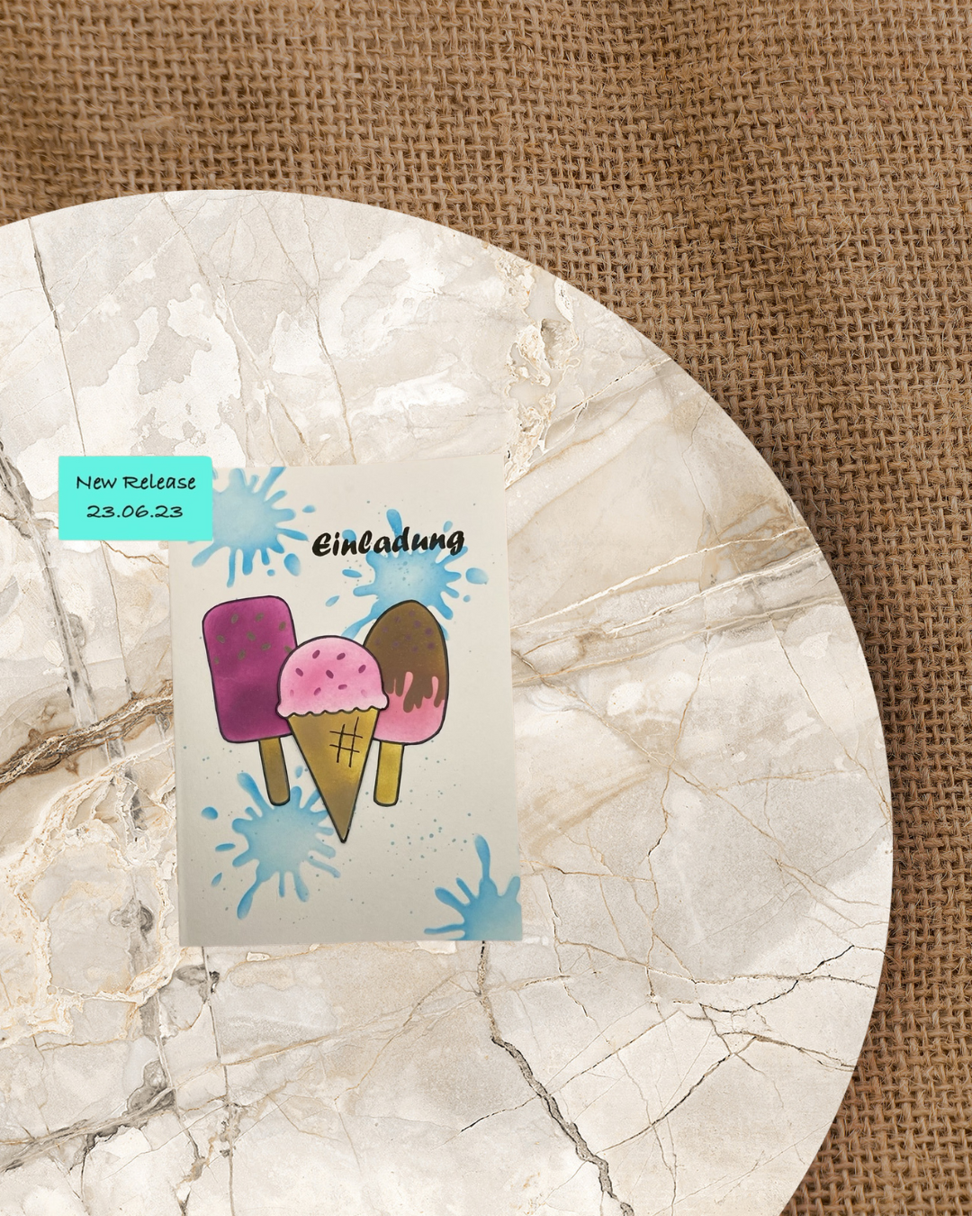 Karte mit Eis drauf und Text Einladung