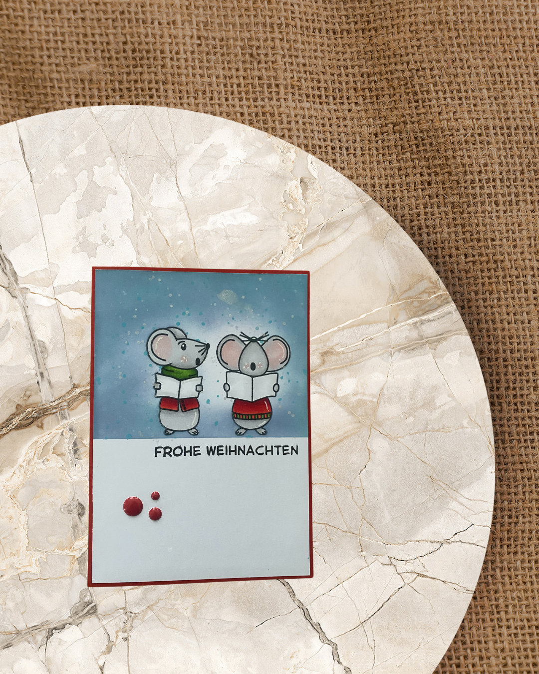 Karte mit singenden Mausen und Frohe Weihnachten