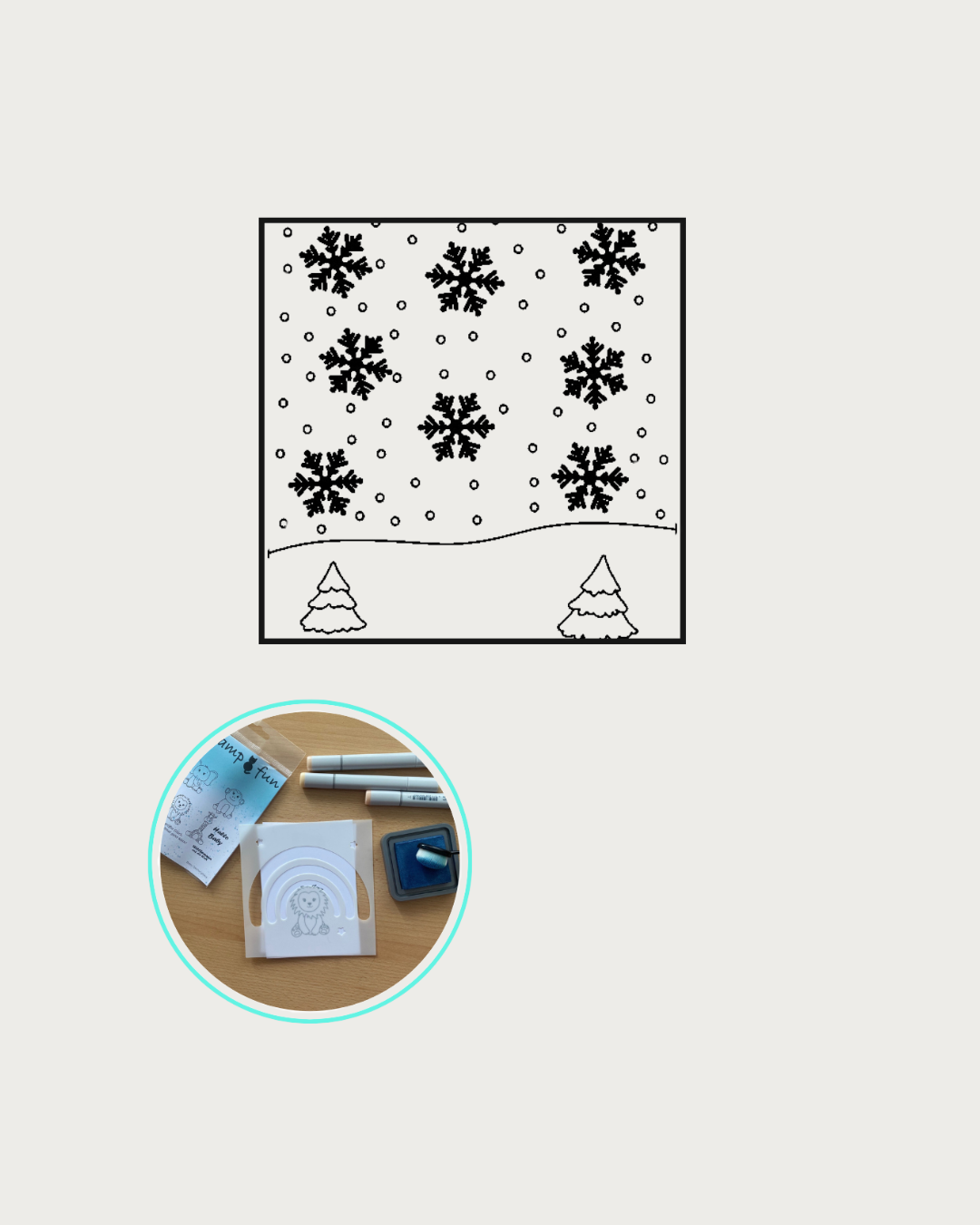 Schablone mit Schneefall und Eiskristallen, 2 Tannenbäume