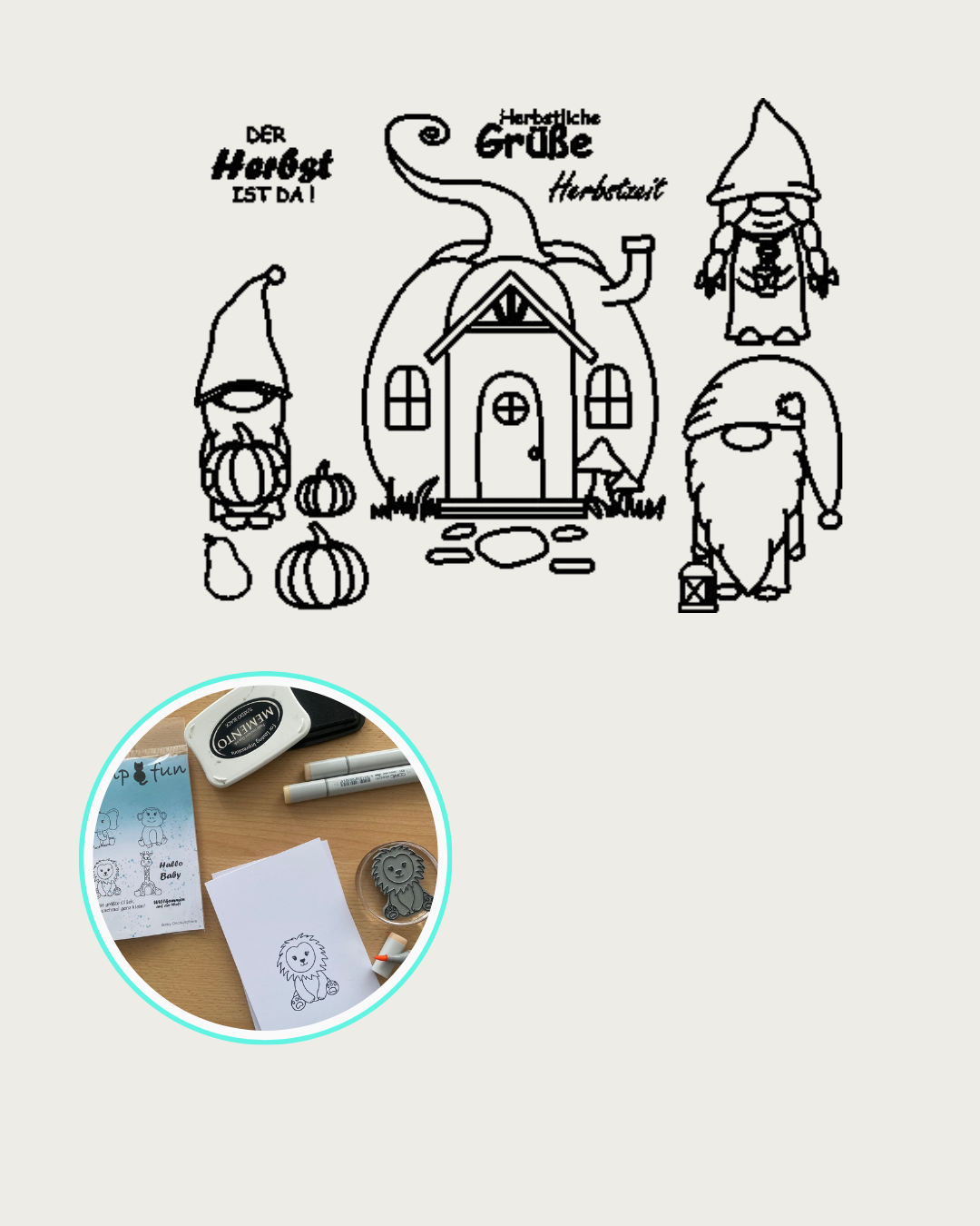 Stempel Kürbishaus, Gnom mit Laterne in der Hand, Gnom mit Kürbis in der Hand, Gnom Frau mit einem Blumentopf in der Hand, 3 unterschiedlich große Kürbisse Textstempel: Der Herbst ist da, Herbstliche Grüße, Herbstzeit