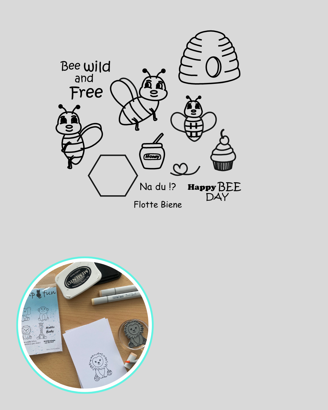 Stempel 3x Bienen, Honigtopf, Cupcake mit Kirsche, Wabe, Bienennest, Textstempel Na du lotte Biene, Happy Bee Day, Bee wild an Free