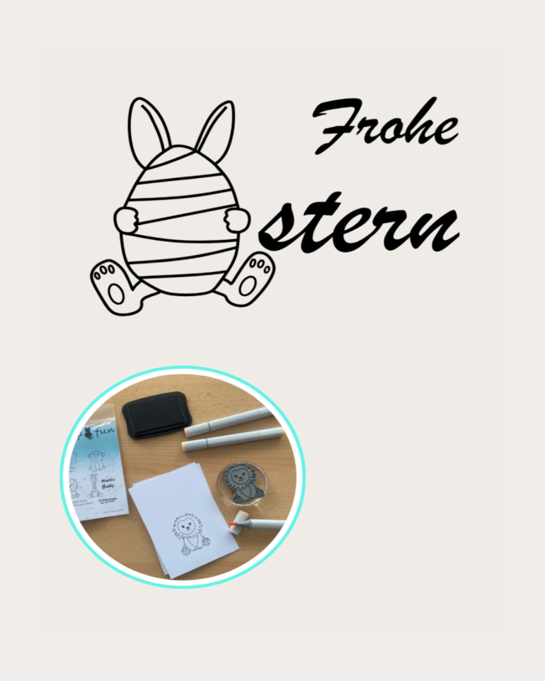 Frohe Ostern Stempel, Hase hält Ei in den Händen