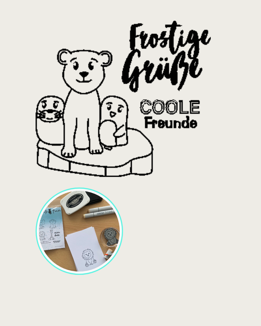 Stempel Eisbär, Pinguin und Walross auf einer Eisscholle, Sprüche Coole Freunde, Frostige Grüße