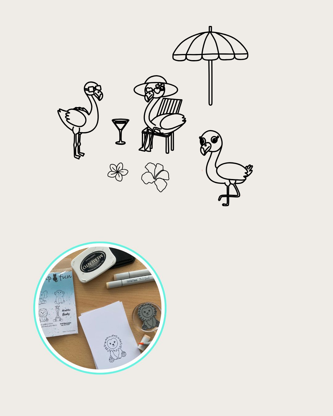 Flamingo stehend mit Sonnenbrille, Flamingo stehen auf einen Bein, Flamingo Sitzend auf einem Stuhl mit Sonnenbrille und Hut, Cocktailglas, 2 unterschiedliche Blumen und ein Sonnenschirm