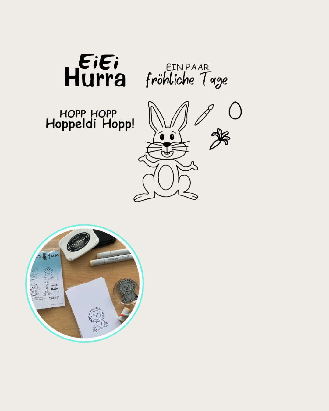 Stempel Hase sitzend der jongliert mit entweder Ei, Pinsel oder Karotte. Sprüche Ei Ei Hurra, Ein paar fröhliche Tage und Hopp Hopp Hoppeldi Hopp