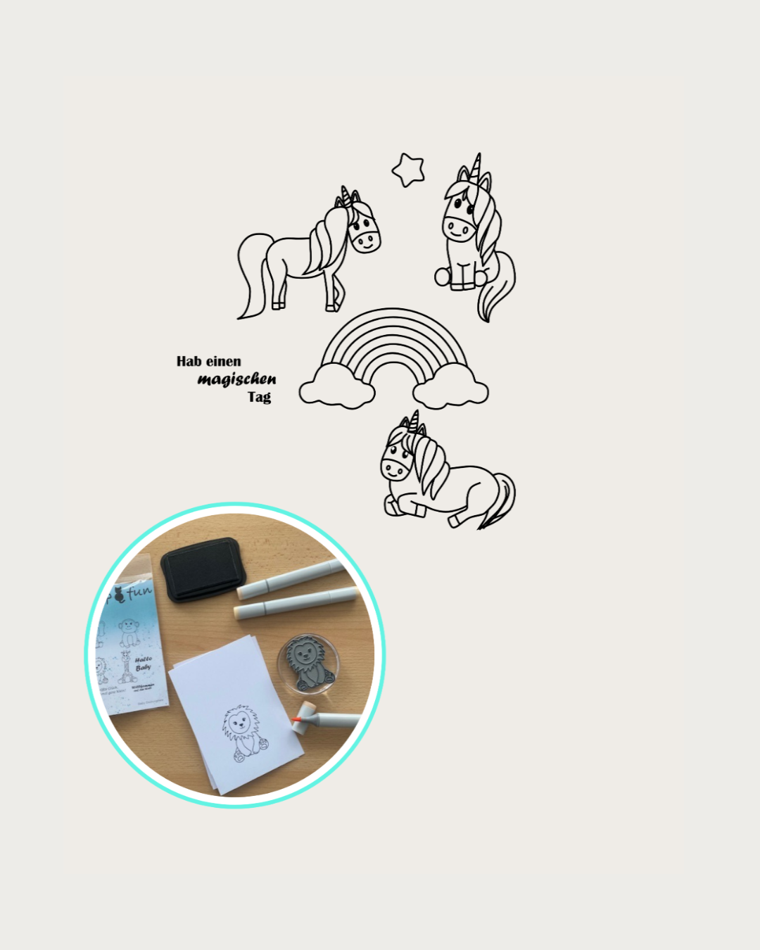 Stempel Verschieden Einhörner, Stempel Rebenbogen mit Wolke, Stern, Textstempel Hab einen magischen Tag