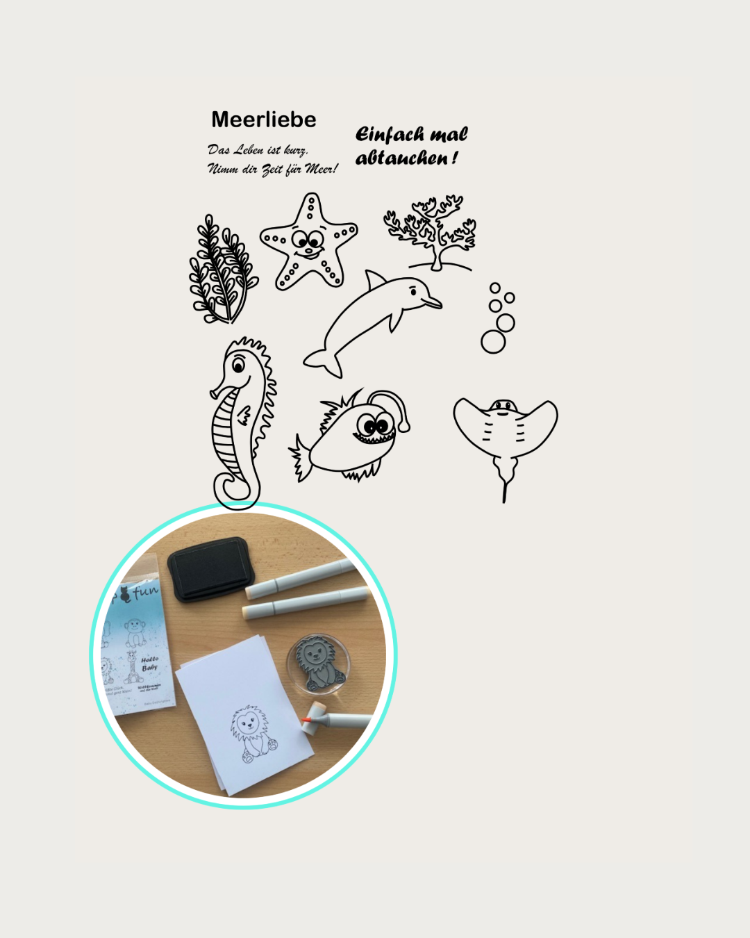 Stempel Seestern, Delfin, Rochen, Seepferdchen, Seepflanze, Koralle, Textstempel Meerliebe, Einfach mal abtauchen, Das Leben ist kurz nimmt dir Zeit für Meer