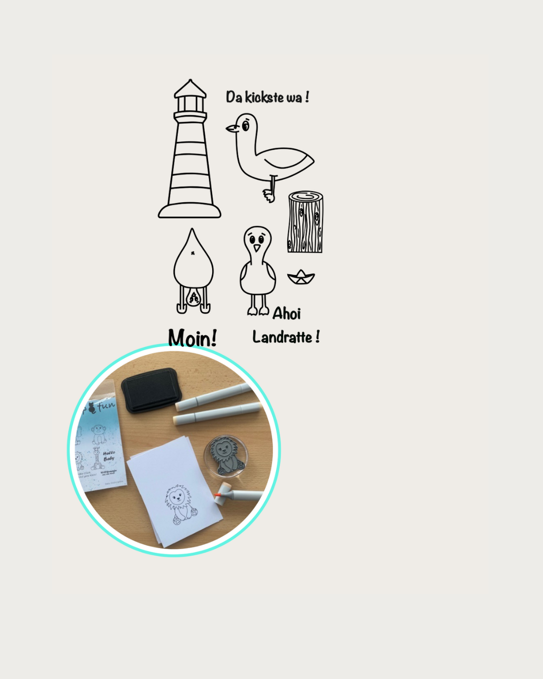 Stempel, 3 Möwen, Holzblock, Leuchtturm, Papierschiffchen, Textstempel Da kickste wa!, Moin, Ahoi Landratte