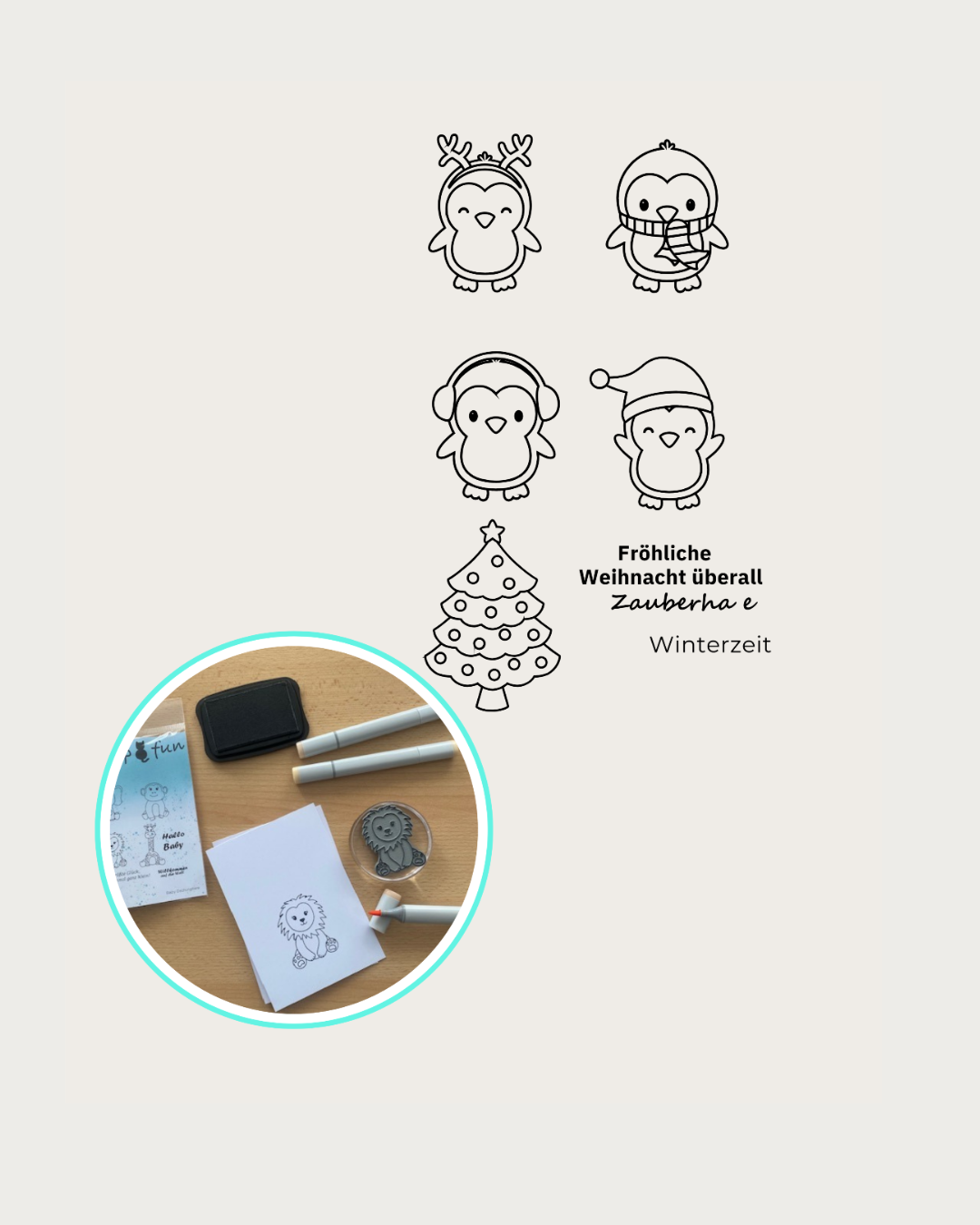 Stempel Pinguin mit Schal, Pinguin mit Rentiergeweih auf dem Kopf, Pinguin mit Mütze, Pinguin mit Ohrenschützer, Weihnachtsbaum, Textstempel Fröhliche Weihnacht überall, Zauberhafte Winterzeit