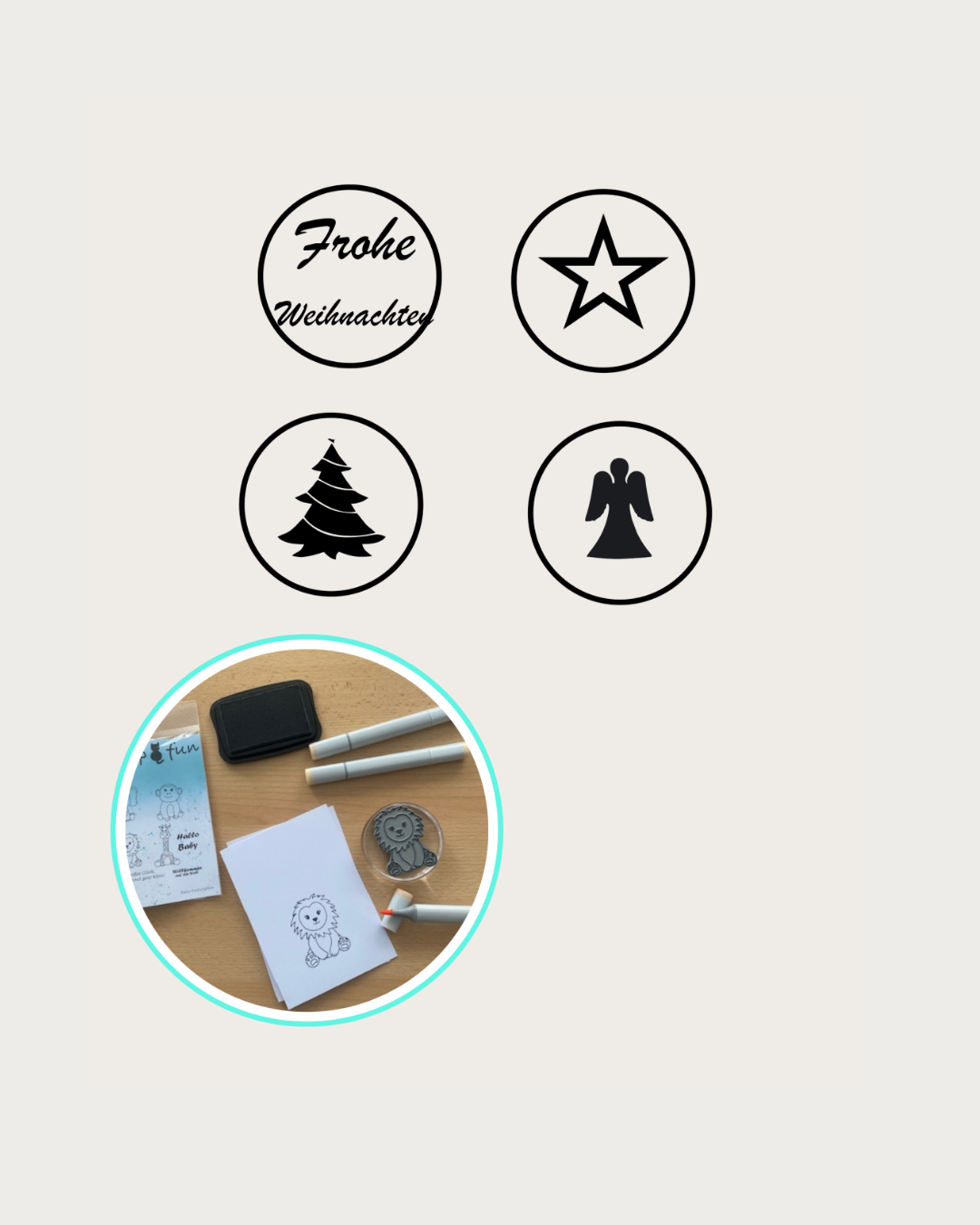 Stempel rund mit Tannenbaum, Stern, Engel, Frohe Weihnachten Motive. Zum erstellen von Siegelwachsstempel.