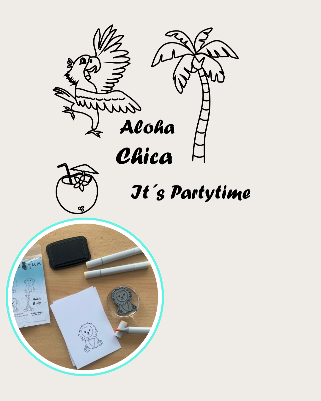 Sommer Stempel mit Papagei, Palme, Kokosnuss,