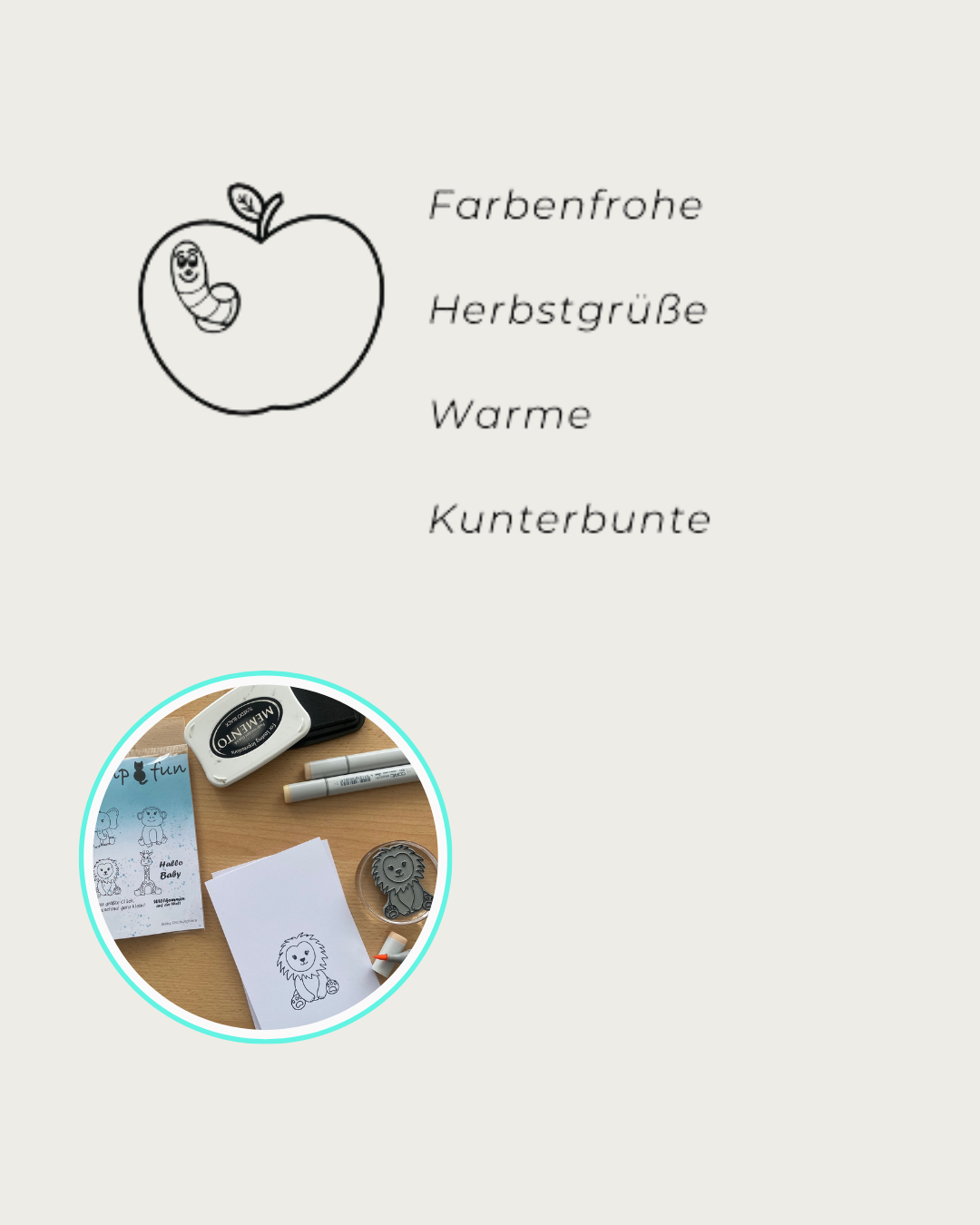 Apfel mit Wurm Stempel, Text Stempel Farbenfrohe, Herbstgrüße, Warme, Kunterbunte