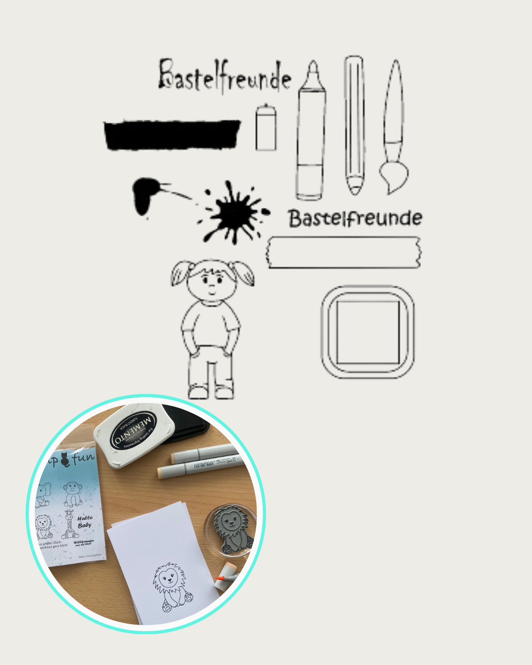 Stempel mit Mädchen, Stifte, Pinsel, Kleckse, Textstempel Bastelfreunde0