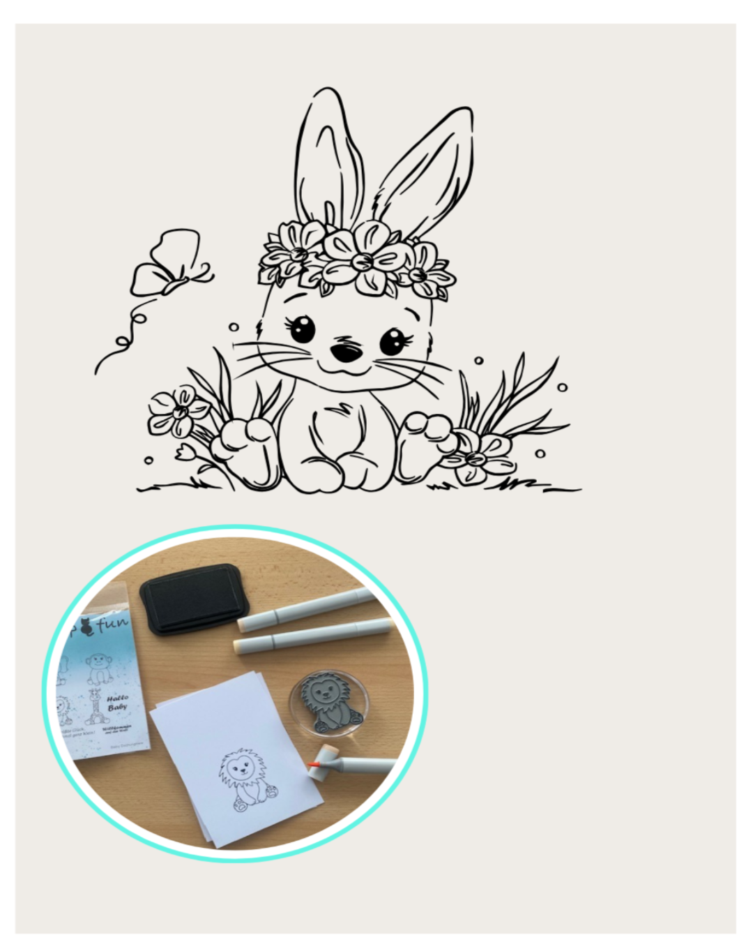 Stempel Hase sitzend im Gras mit Blumenkranz auf dem Kopf