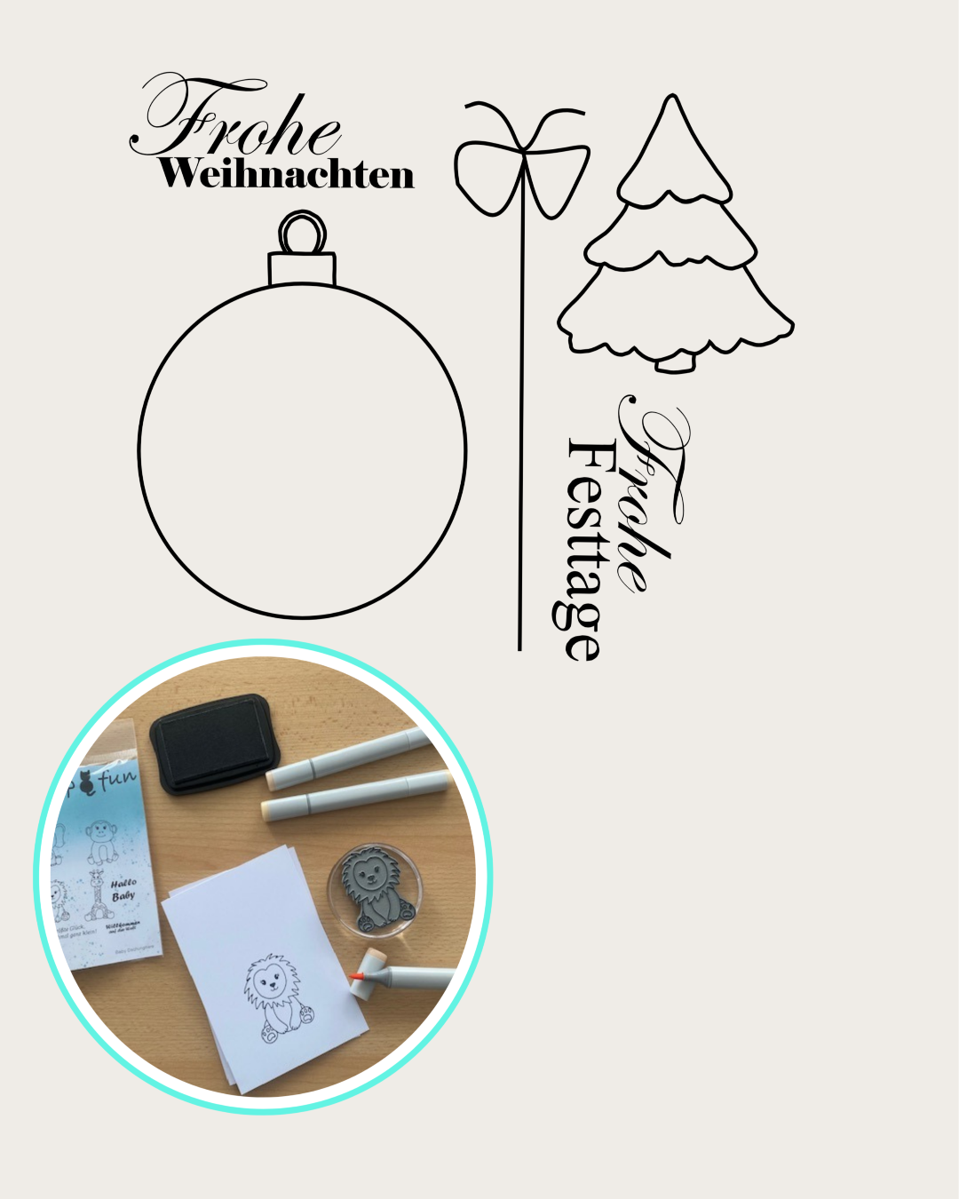 Stempel für Weihnachten, Christbaumkugel mit Aufhänger, Tannenbaum, Textstempel Frohe Weihnachten, Frohe Festtage