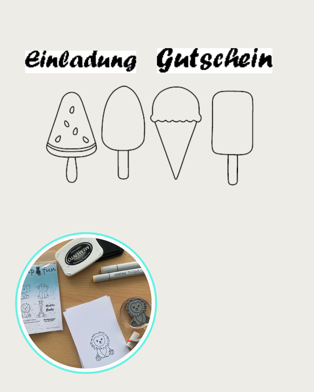 verschiedene Eis Stempel mit Textstempel Einladung und Gutschein