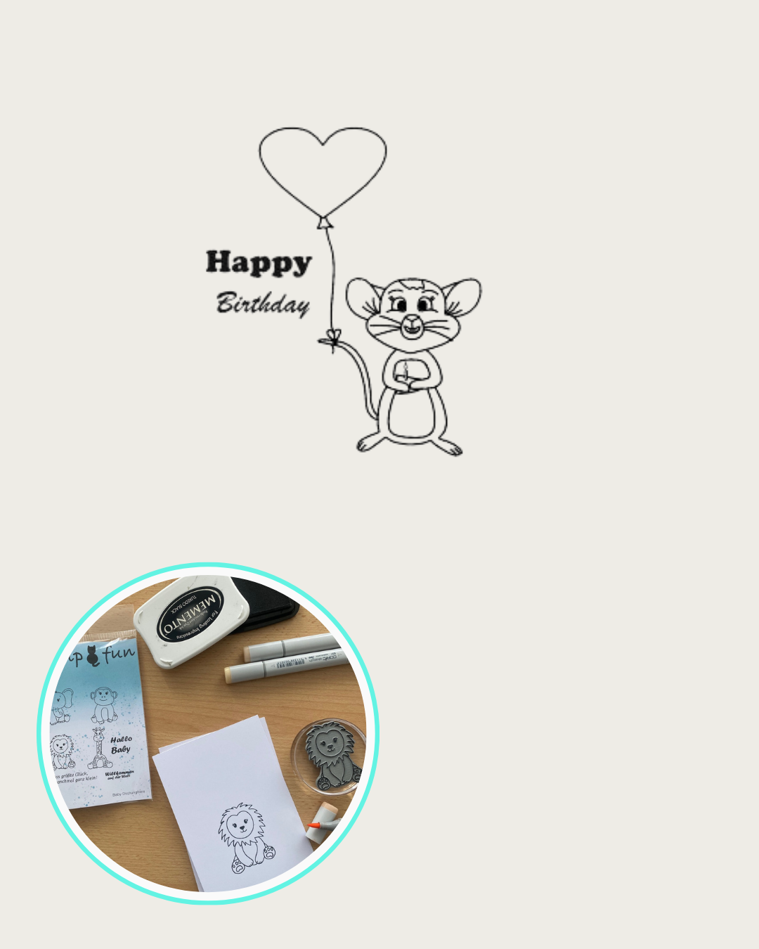 Stempel Maus mit Herzballon am Schwanz gebunden, Textstempel Happy BIrthday