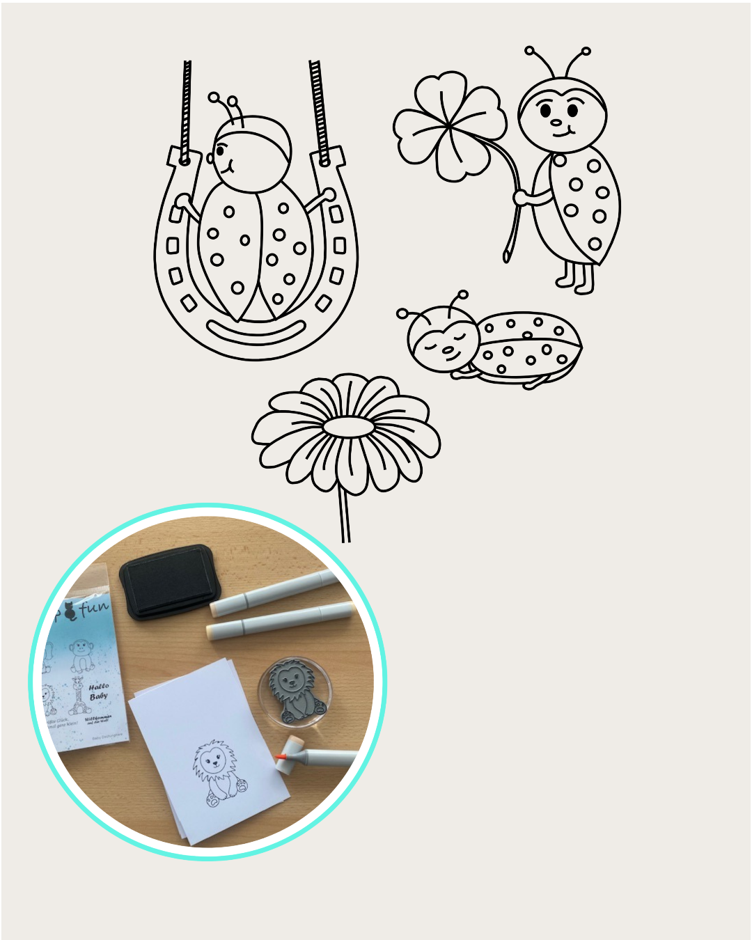 Stempel mit Marienkäfer schlafend, Marienkäfer mit Kleeblatt, Marienkäfer auf einem Hufeisen als Schaukel, Blume