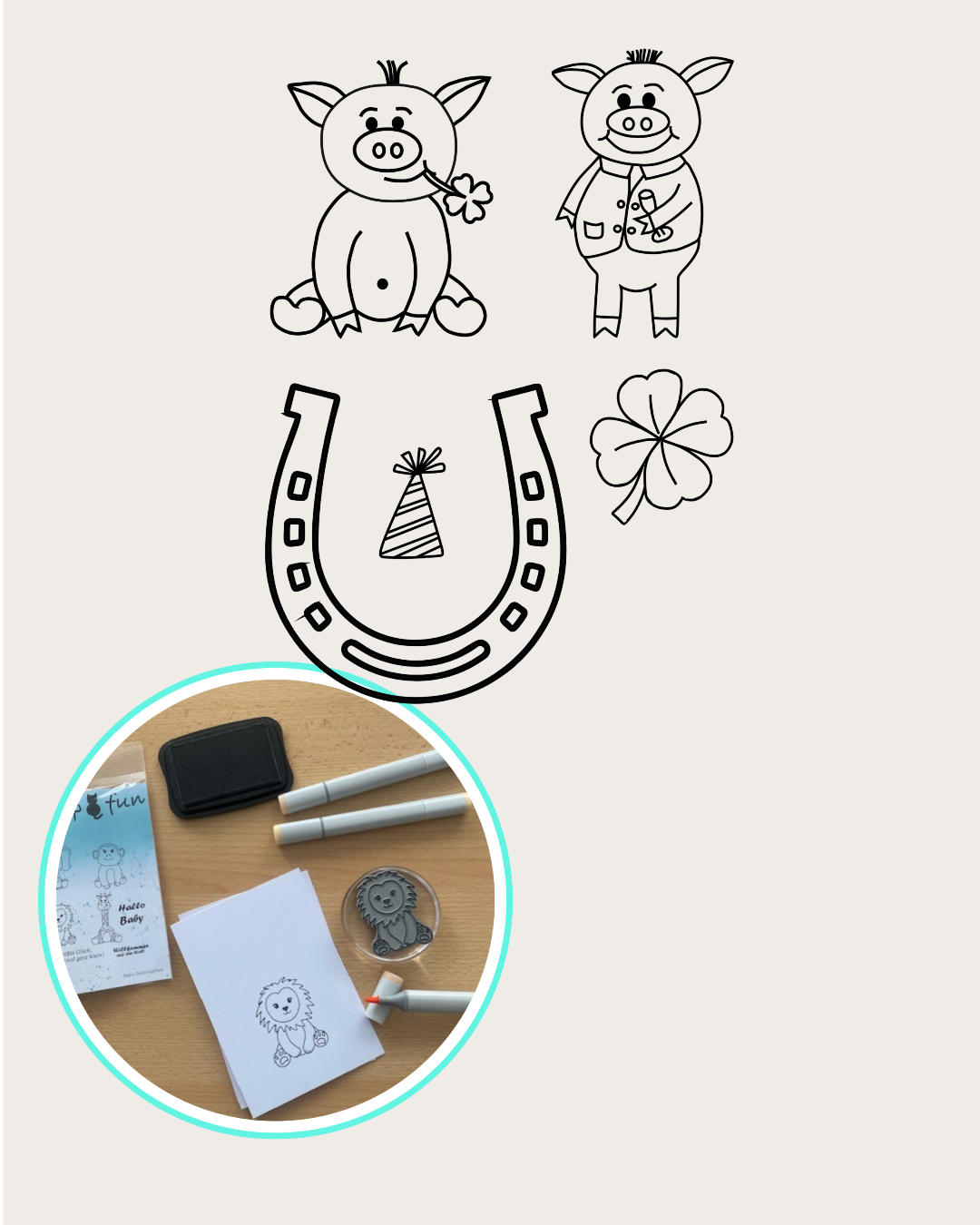 Stempel mit sitzendem Schweinchen und Kleeblatt im Mund, Schweinchen stehen mit Sektglas in der Hand, Partyhut, Kleeblatt, Hufeisen