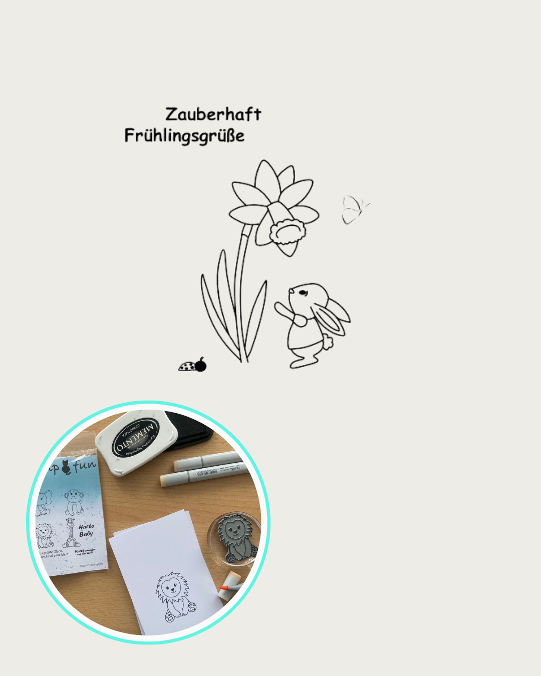 Stempel Hase, Blume Marienkäfer, Schmetterling, Textstempel Zauberhaft Frühlingsgrüße