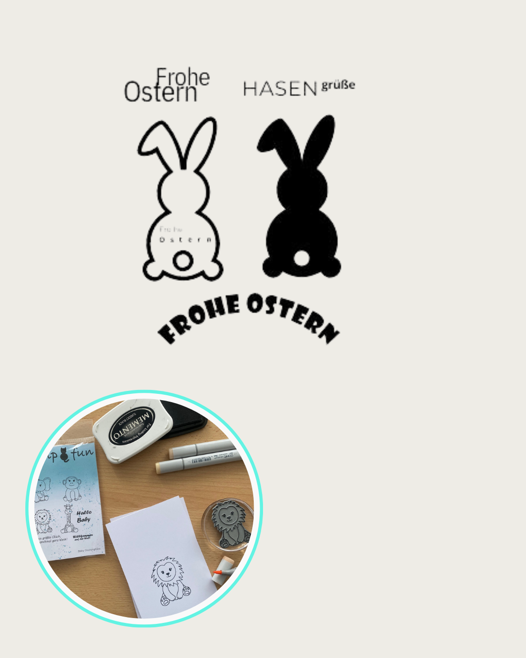 Stempel 2 Hasen, Textstempel Frohe Ostern, Hasengrüße, Frohe Ostern