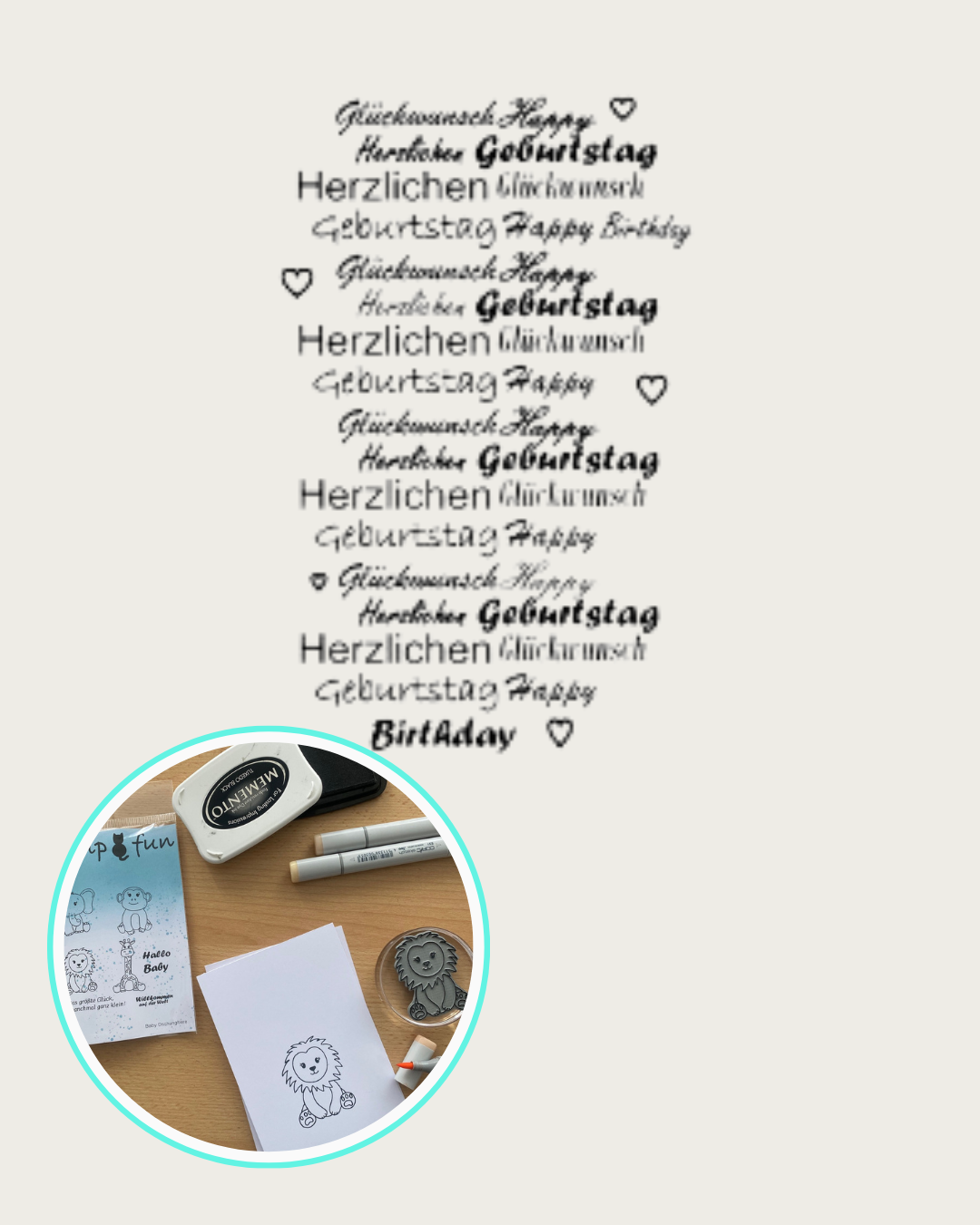 Stempel mit verschieden Schriftarten Herzlichen Glückwunsch,