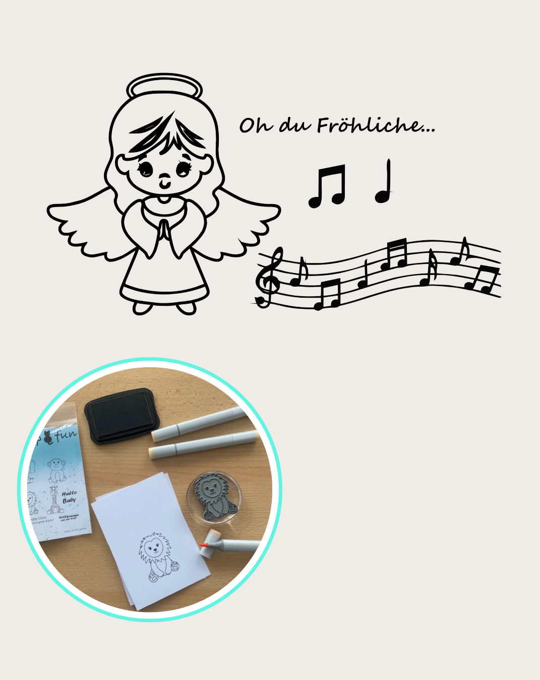 Stempel Engel, Notenzeile, Notenschlüssel, Textstempel Oh du fröhliche