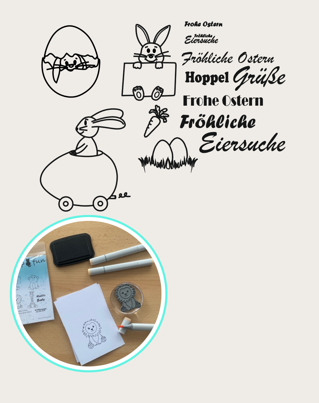 Stempel Hasse mit Blatt, Hase im Eis sitzend, Hase im Ei-Auto, Karotte, Eier im Gras, Textstempel Frohe Oster, Fröhliche Eiersuche, Fröhliche Ostern, Hoppel Grüße, Frohe Ostern, Fröhliche, Eiersuche