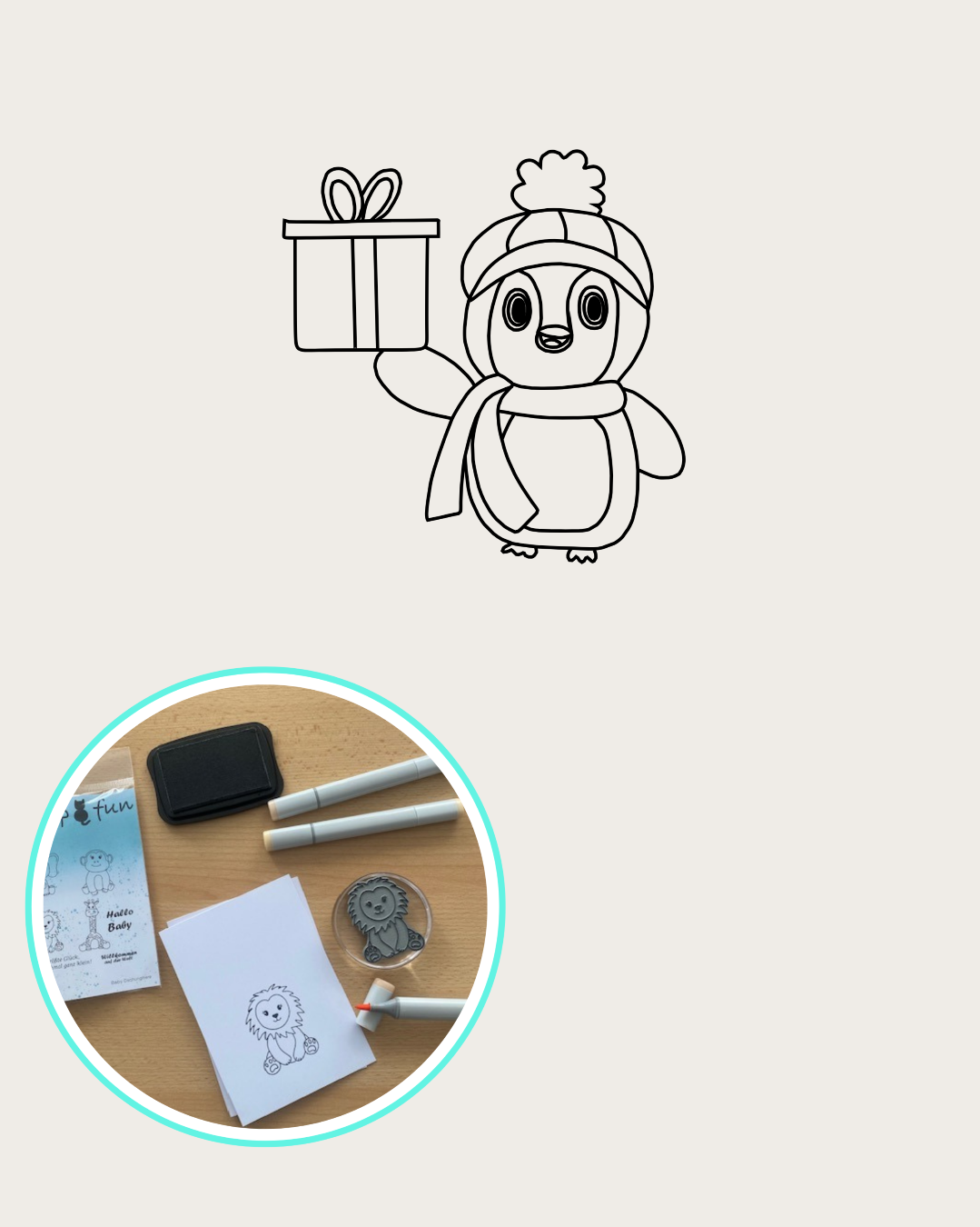 Stempel Pinguin mit Mütze und Geschenk in der Hand