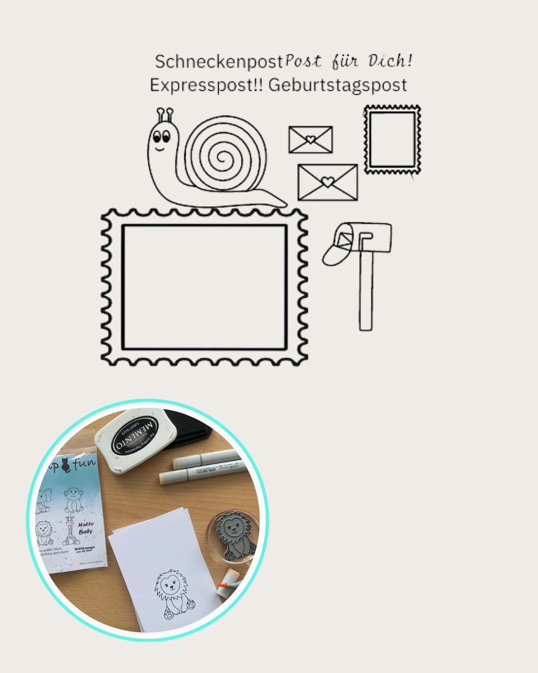 Stempel Schnecke, Briefmarke klein, Briefmarke groß, Briefkasten, Briefe klein und groß, Textstempel Schneckenpost, Post für dich, Expresspost, Geburtstagspost