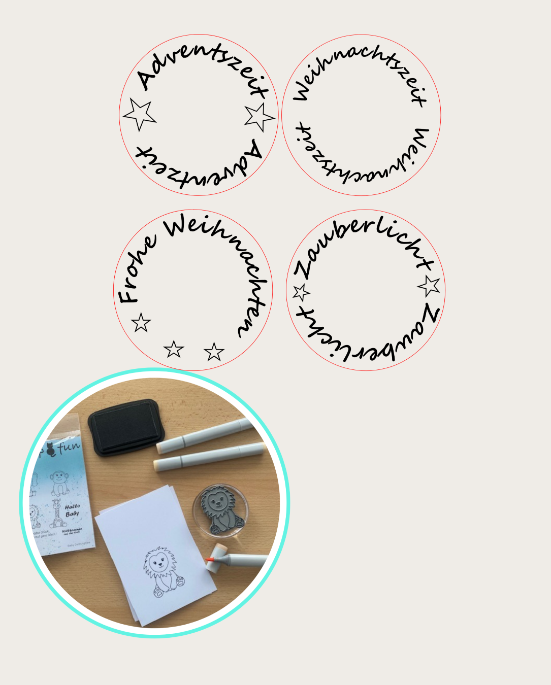 Runde Stempel mit Schrift Weihnachtzeit, Adventszeit, Frohe Weihnachten, Zauberlicht