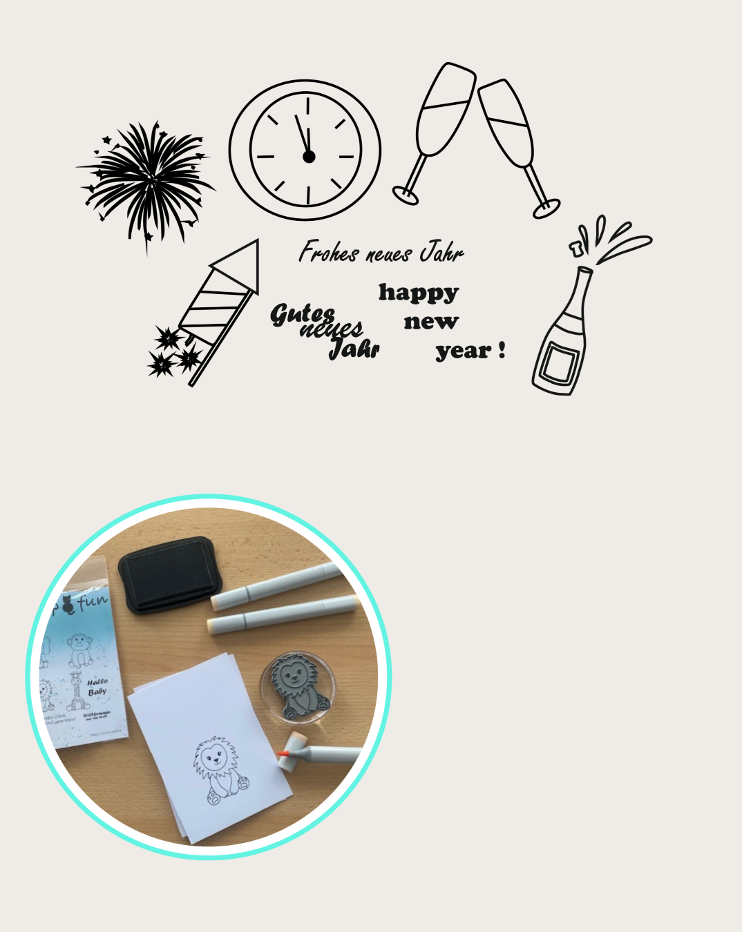 Stempel Uhr, Rakete, Sektflasche, Sektgläser, Feuerwerk, Textstempel Frohes neues Jahr, Happy new Year, Gutes neues Jahr