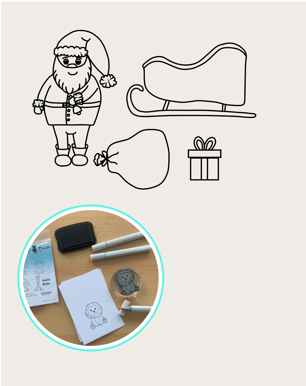 Stempel Weihnachtsmann, Geschenk, Geschenkesack, Schlitten