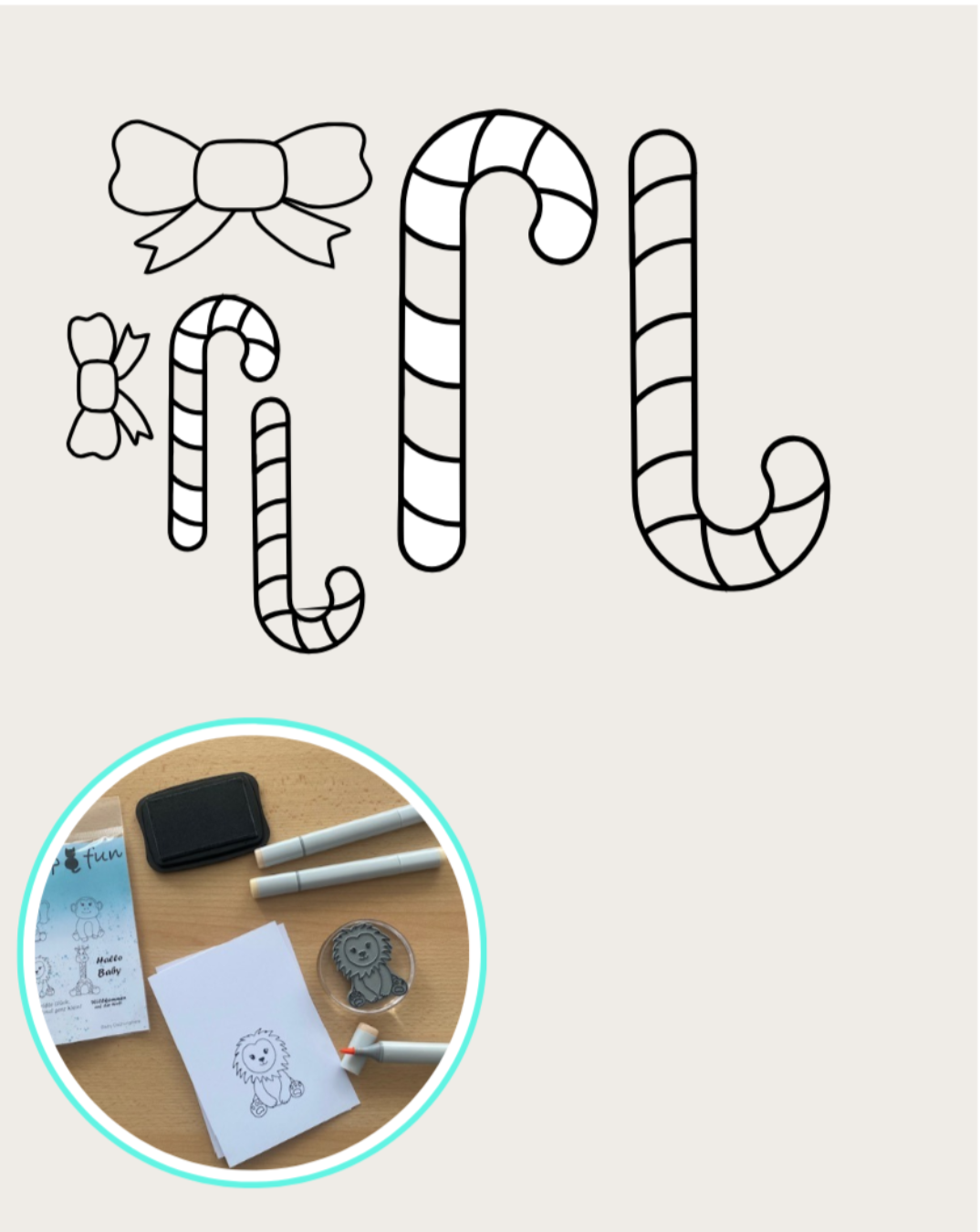 Stempel 2 Zuckerstangen groß, 2 Zuckerstangen klein, große Schleife, kleine Schleife