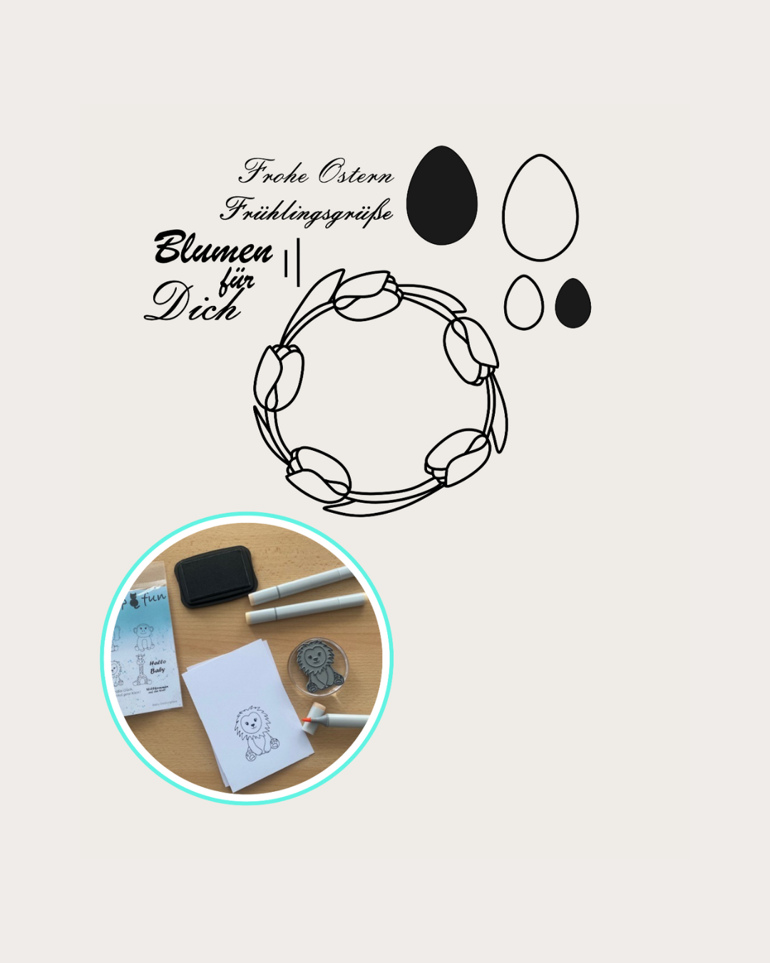 Stempel Tulpenkranz, 2x Eier groß, 2x klein, Textstempel Frohe Ostern, Frühlingsgrüße, Blumen für dich