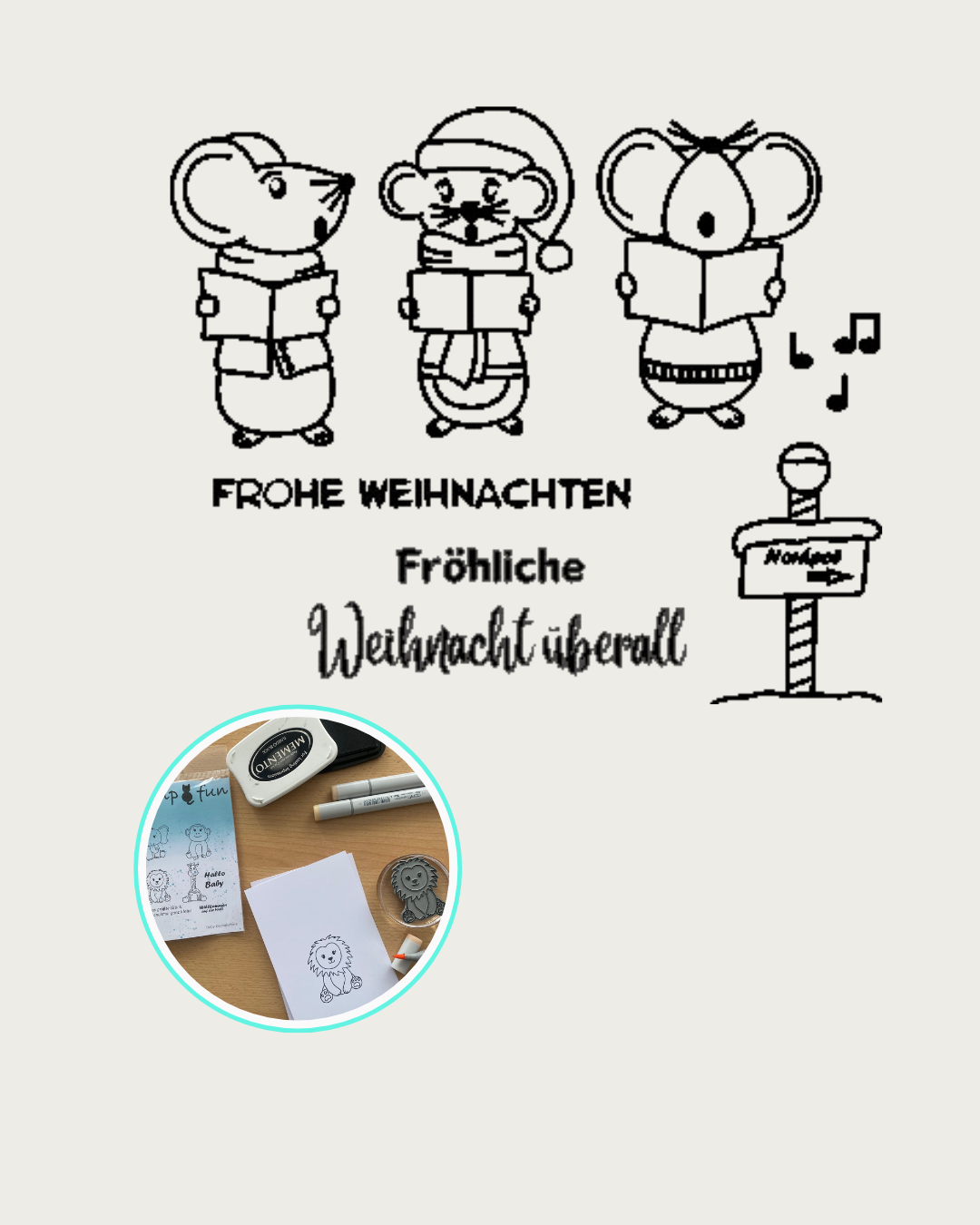 3 singende Mäuse mit Gesangsbuch, Notenschlüssel, Schild mit Nordpol, Schriftzug Frohe Weihnachten, Fröhliche Weihnachten überall