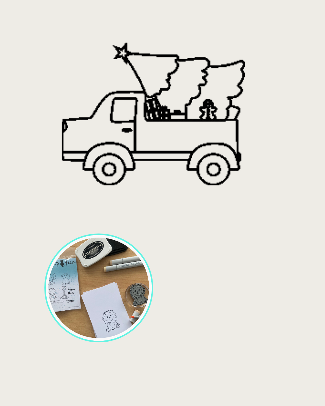 Truck mit Tannenbaum, Geschenke, Lebkuchenmann