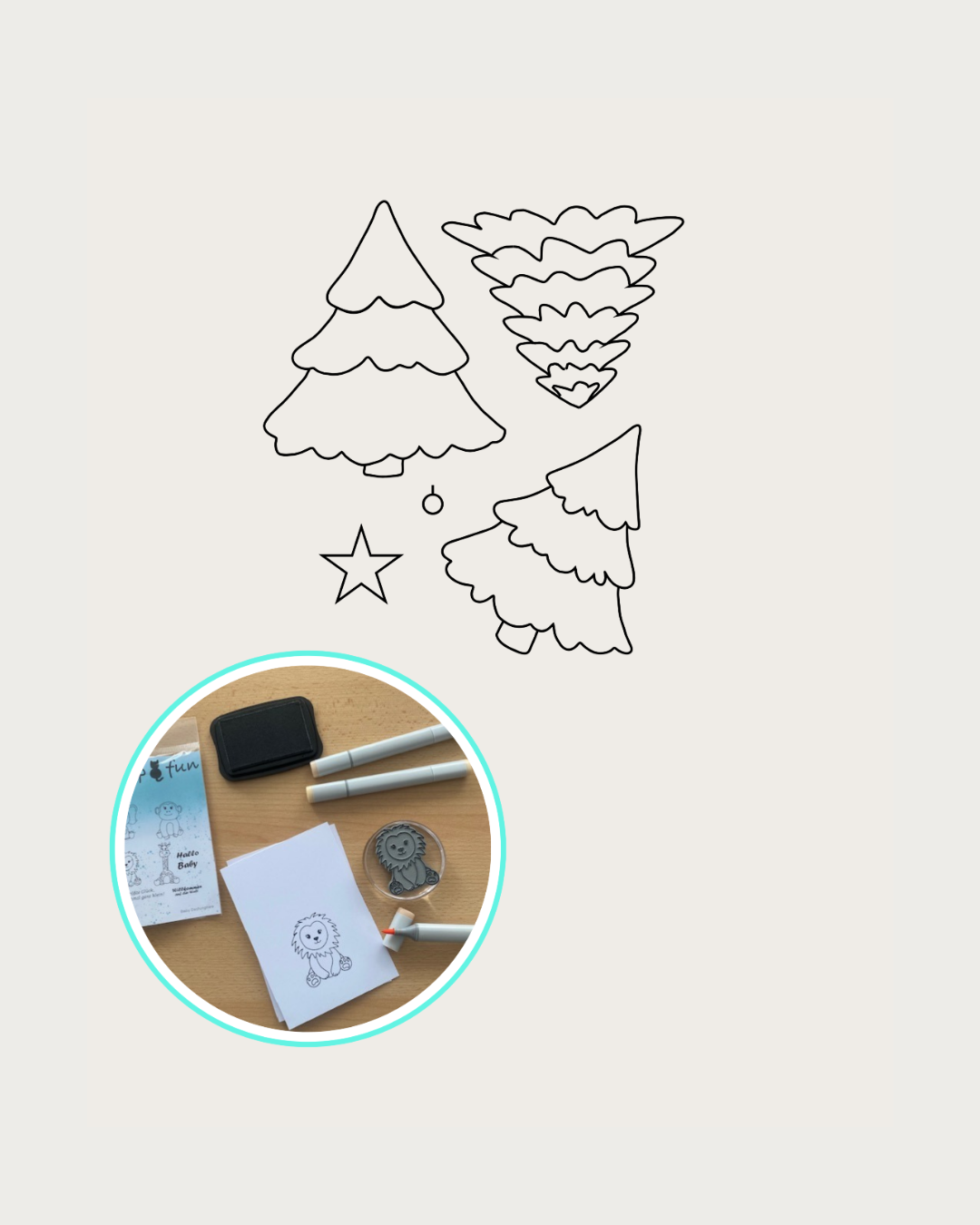 3 Stempel Tannenbäume, Stern, kleine Weihnachtskugel