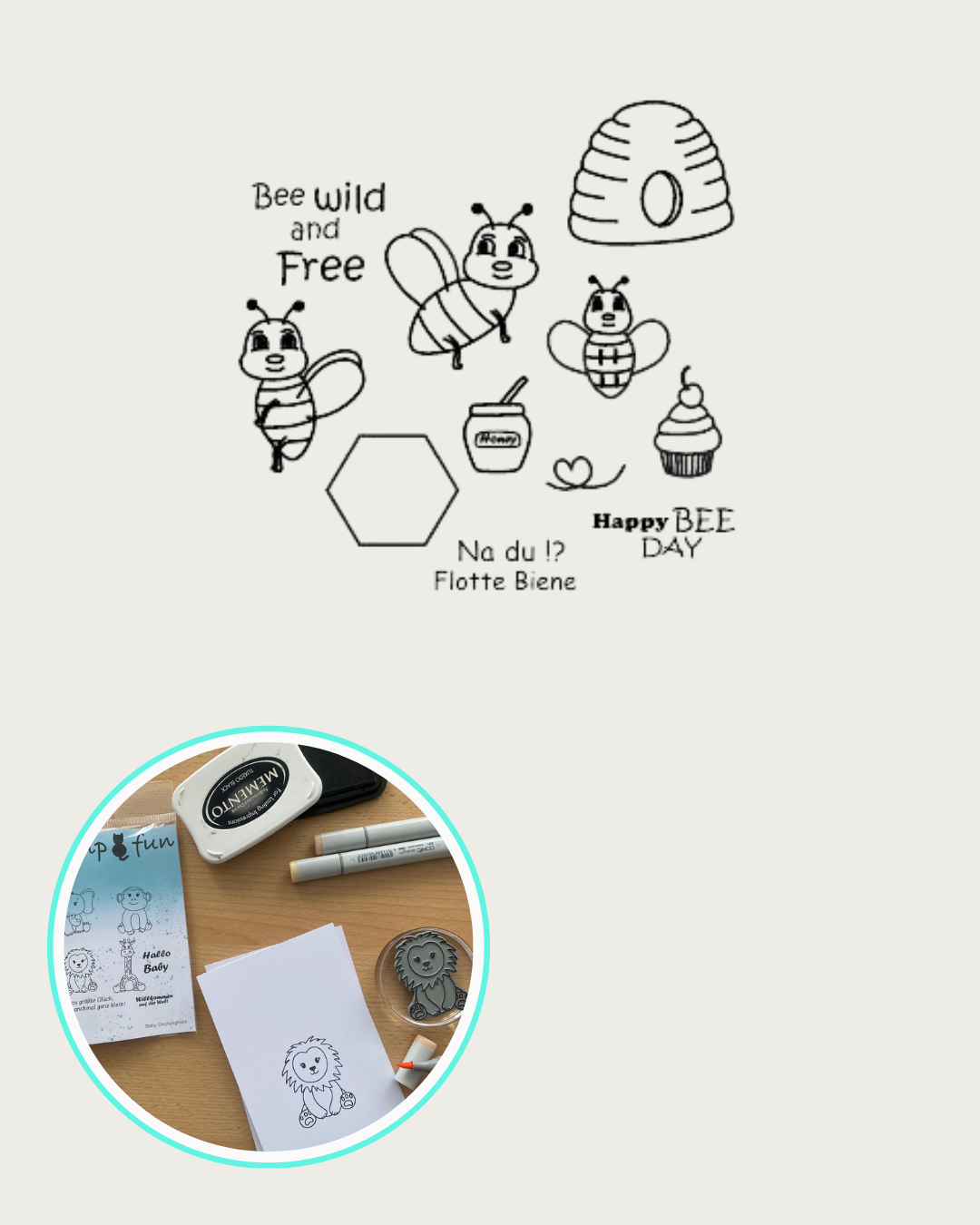 Stempel mit Bienen, Honigtopf, Cupcake, Bienenhaus, Wabe, Textstempel Bee wild an Free, Happy Bee Day, Na du, Flotte Biene0