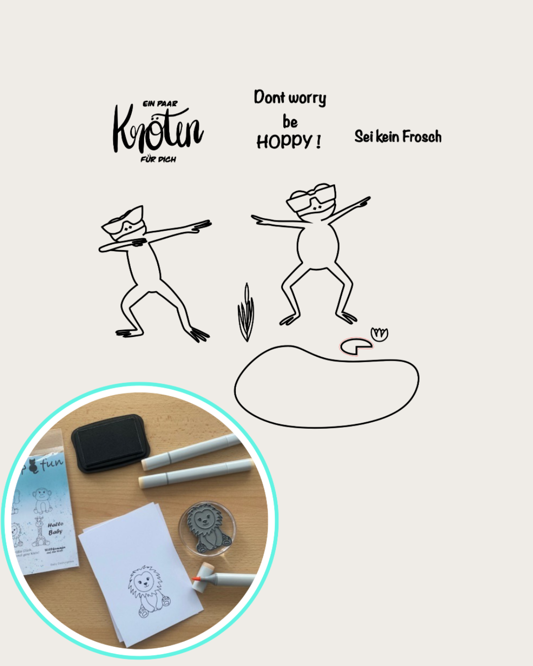 Stempel 2 Frösche, See, Seerose, Seeblatt, Seepflanze, Textstempel Ein paar Kröten für dich, Don´t worry be Hoppy, Sei kein Frosch