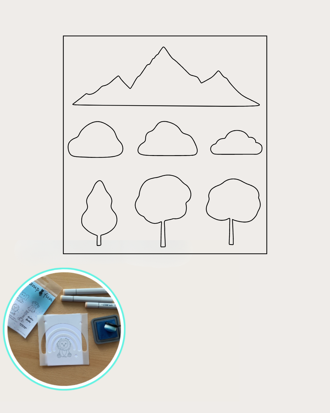 Schablone für Hintergründe mit Bergen, Sträucher und Bäume