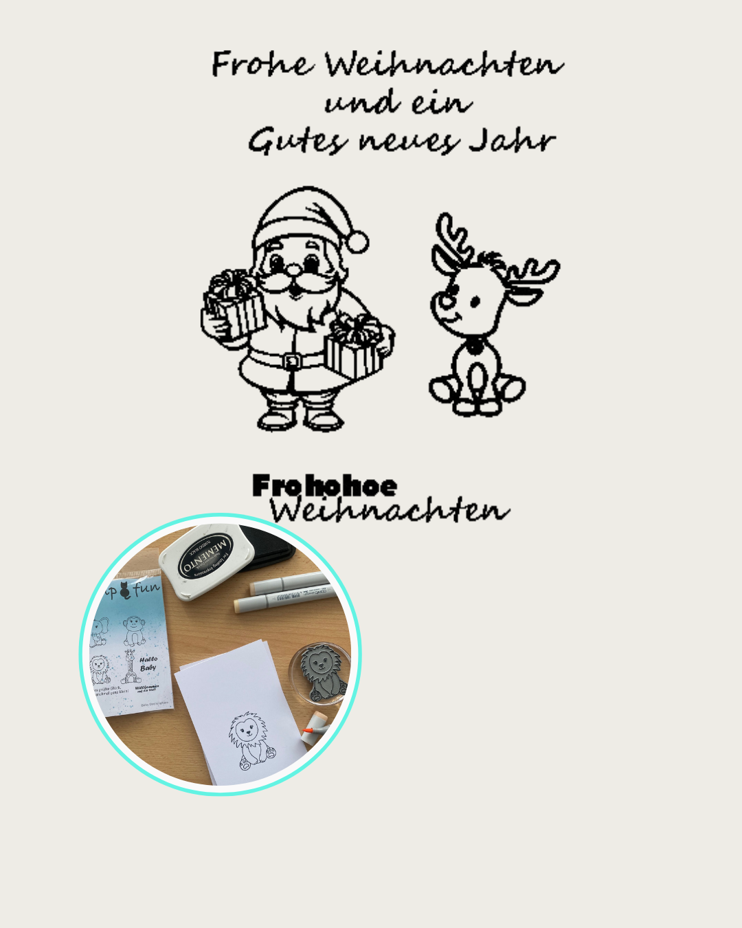 Weihnachtsmann mit Geschenke und sitzendem Rentier, Textstempel Frohe Weihnachten und ein Gutes neues Jahr, Frohohoe Weihnachten