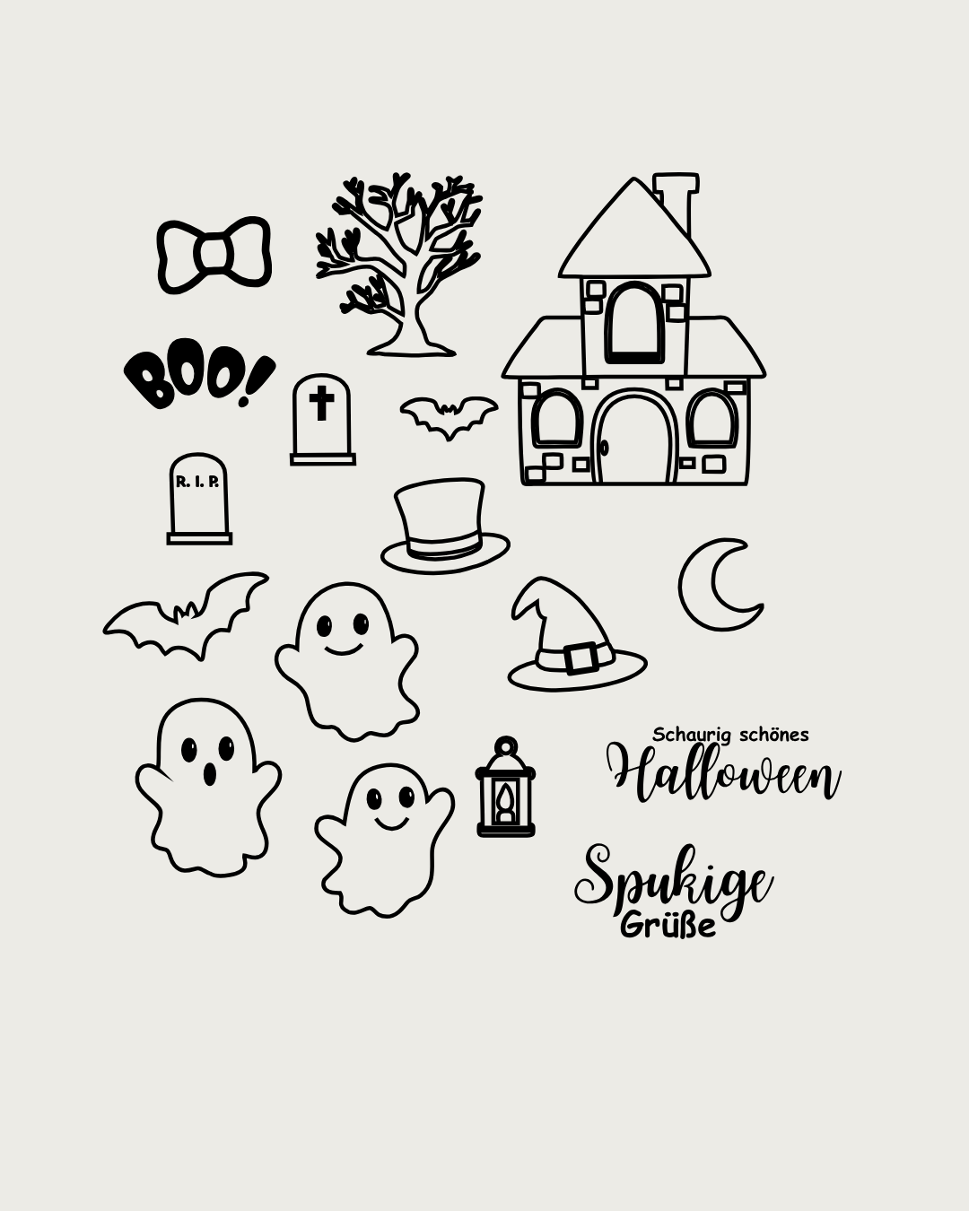 Gummistempel Set Set mit Halloween-Motiven: drei niedliche Geister, Geisterhaus, knorriger Baum, zwei Fledermäuse, Hexenhut, Zylinder, zwei Grabsteine mit Kreuz und R.I.P., Laterne, Halbmond, Schleife sowie die Schriftzüge „BOO!", „Schaurig schönes Halloween" und „Spukige Grüße".