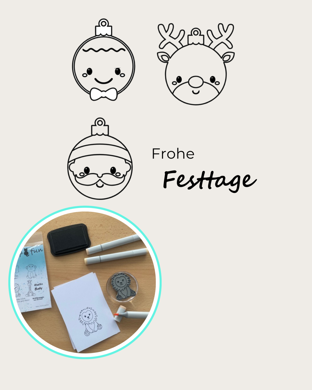 Stempel mit Motiv Weihnachtskugeln Nikolaus, Rentier, Lebkuchenmann, Textstempel Frohe Festtage